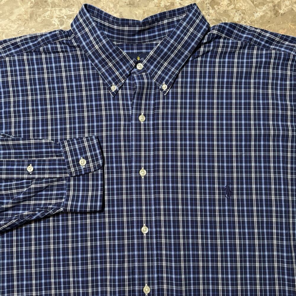 Polo Ralph Lauren Shirt Mens 3XB Big 3X Blue Check Long Sleeve Performance